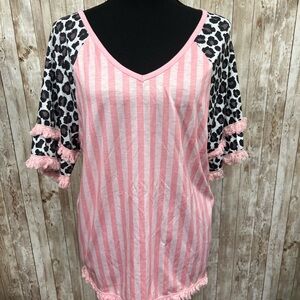 Pink Striped Leopard Sleeve Blouse‎